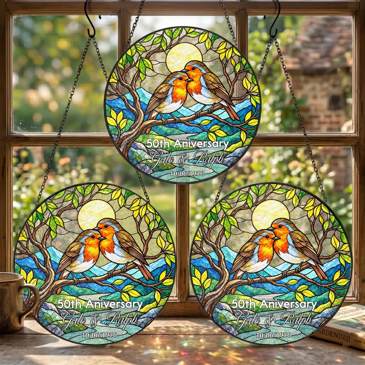 Personalized 50th Wedding Anniversary Stained Glass Suncatcher – Custom Names, Date & Anniversary Year Love Birds Window Hanging Ornament, Golden Anniversary Gift for Couples