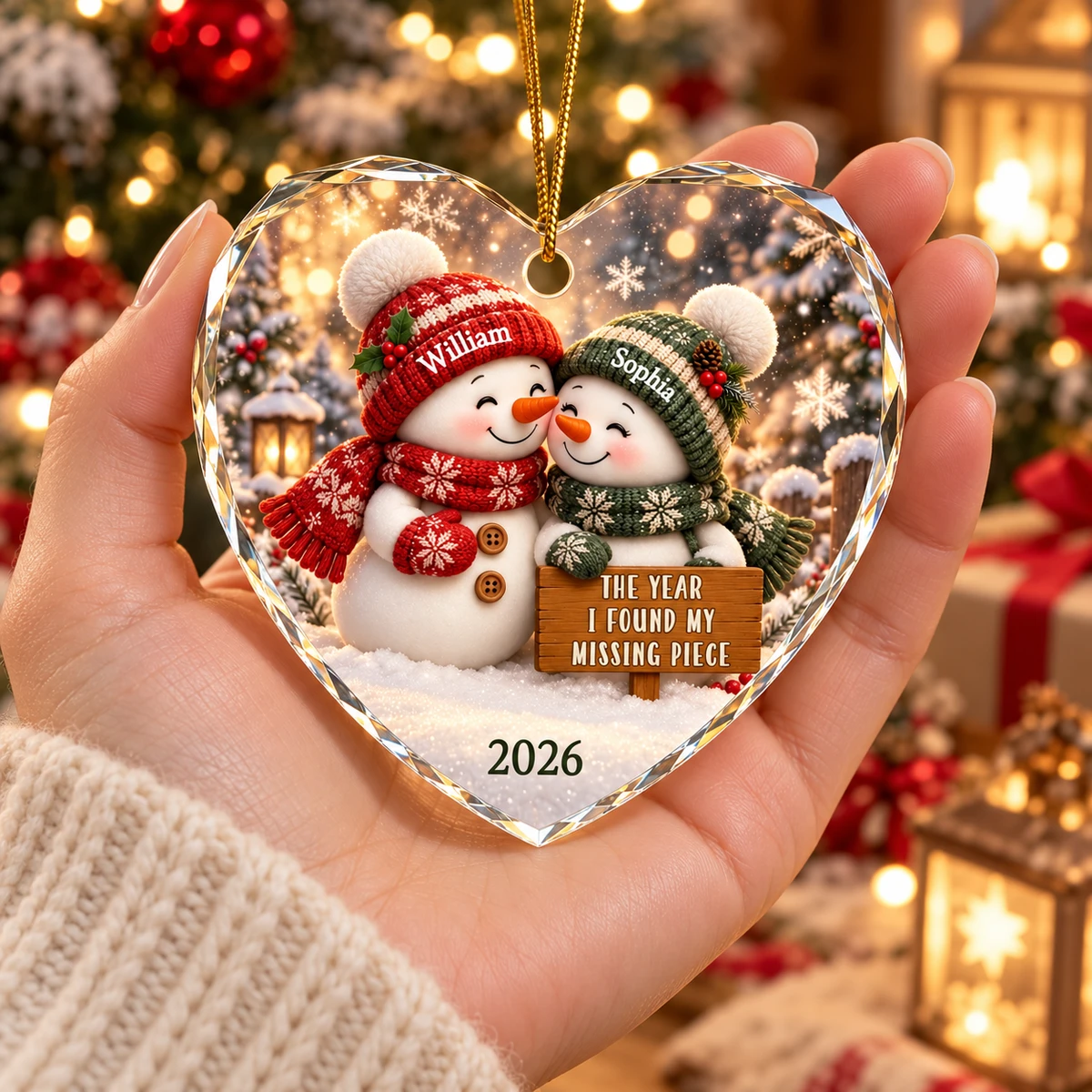 Personalized Heart Shaped Glass Christmas Ornament Custom Couple Names – Snowman Love Keepsake, Romantic Holiday Tree Decor Gift