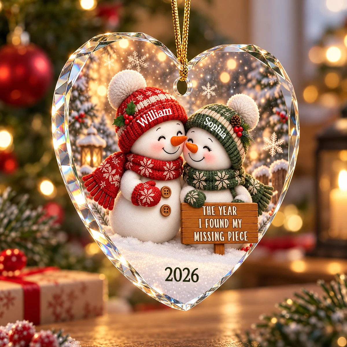 Personalized Heart Shaped Glass Christmas Ornament Custom Couple Names – Snowman Love Keepsake, Romantic Holiday Tree Decor Gift