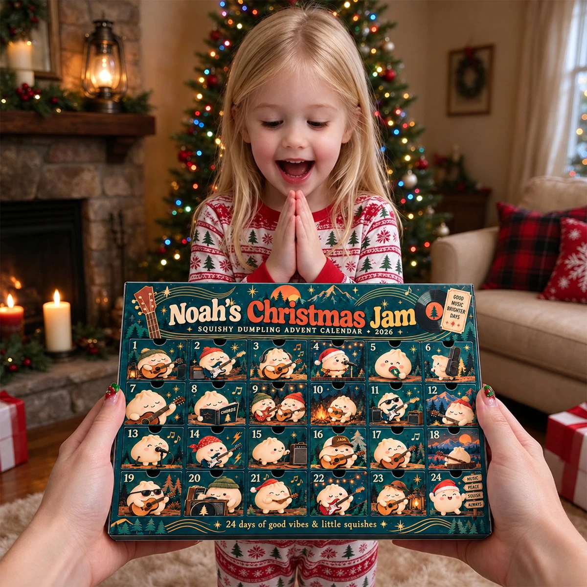 Personalized Dumpling Advent Calendar Custom Name – Christmas Music Theme, 24 Days of Squishy Mystery Fidget Toys Holiday Countdown Gift