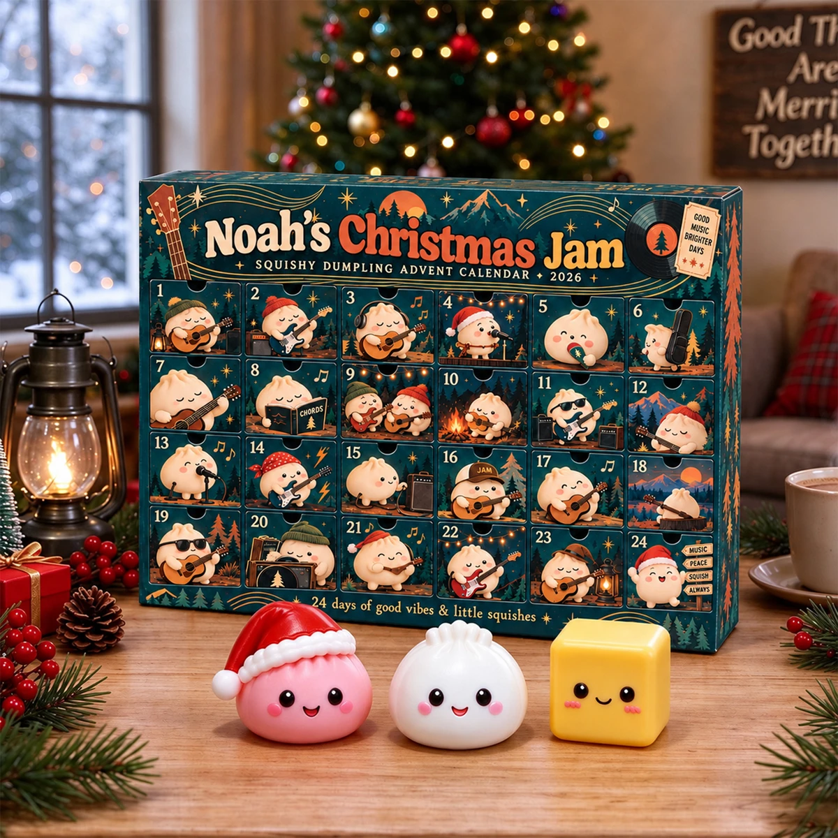 Personalized Dumpling Advent Calendar Custom Name – Christmas Music Theme, 24 Days of Squishy Mystery Fidget Toys Holiday Countdown Gift