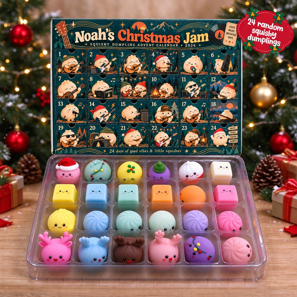 Personalized Dumpling Advent Calendar Custom Name – Christmas Music Theme, 24 Days of Squishy Mystery Fidget Toys Holiday Countdown Gift