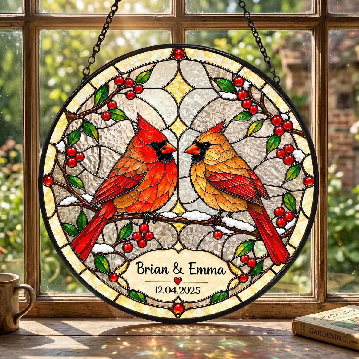 Personalized Stained Glass Cardinal Suncatcher, Custom Couple Names and Special Date