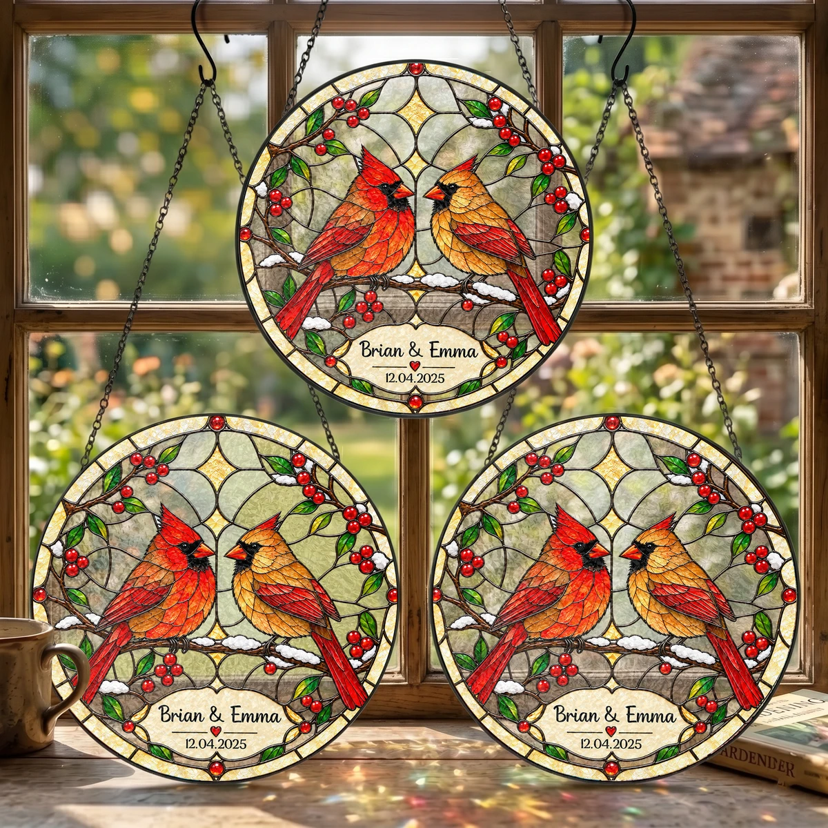 Personalized Stained Glass Cardinal Suncatcher, Custom Couple Names and Special Date