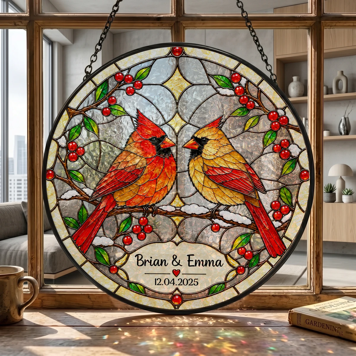Personalized Stained Glass Cardinal Suncatcher, Custom Couple Names and Special Date