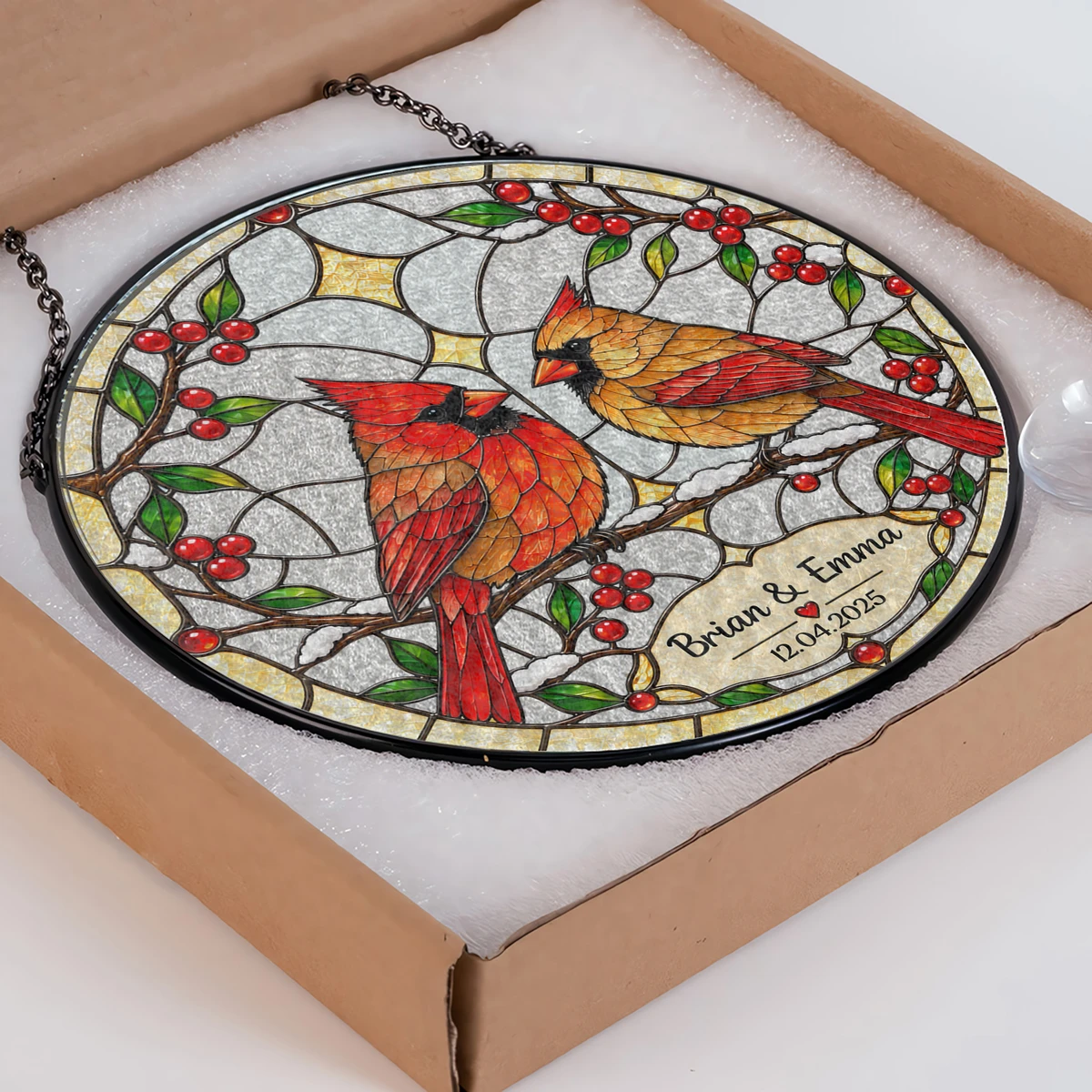 Personalized Stained Glass Cardinal Suncatcher, Custom Couple Names and Special Date