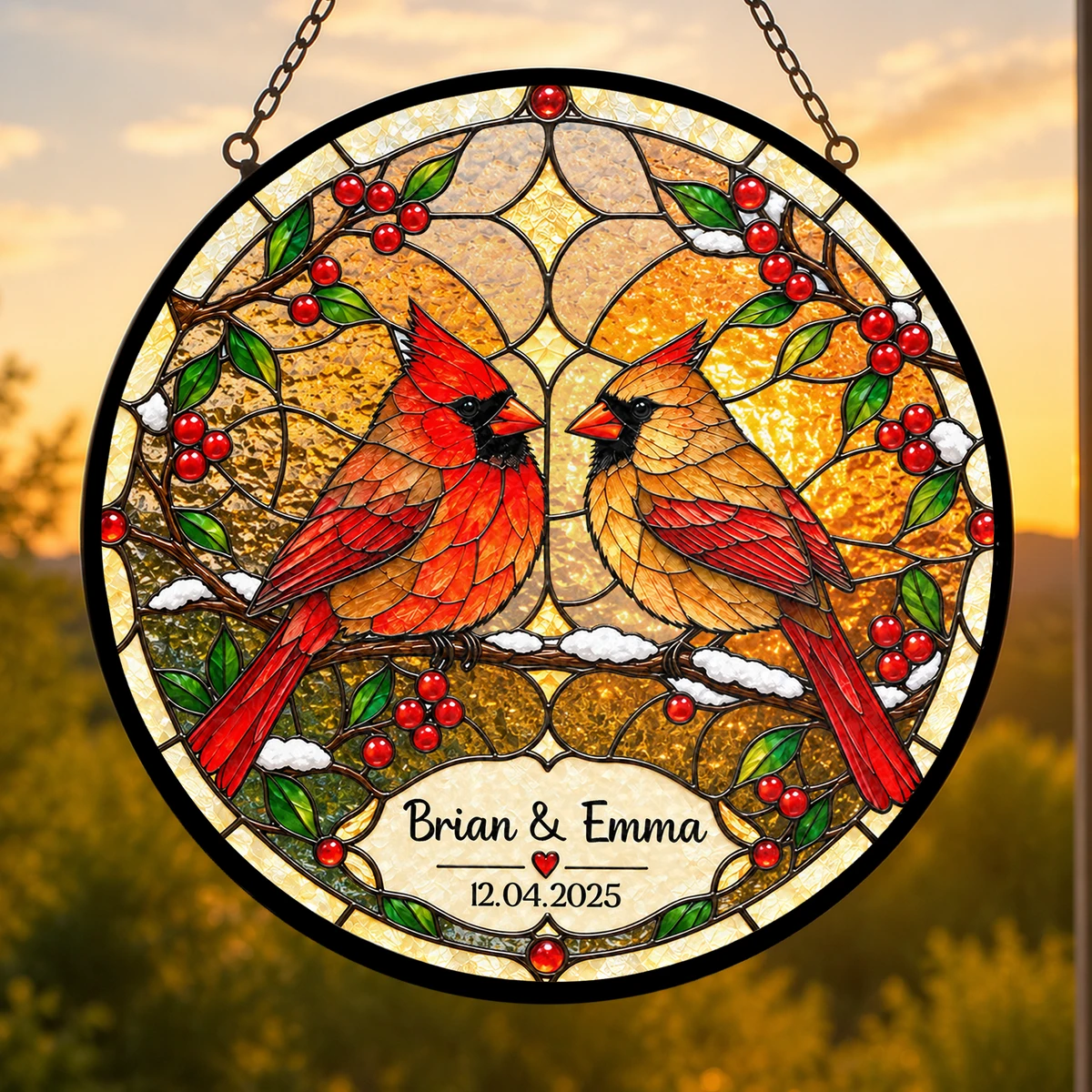 Personalized Stained Glass Cardinal Suncatcher, Custom Couple Names and Special Date