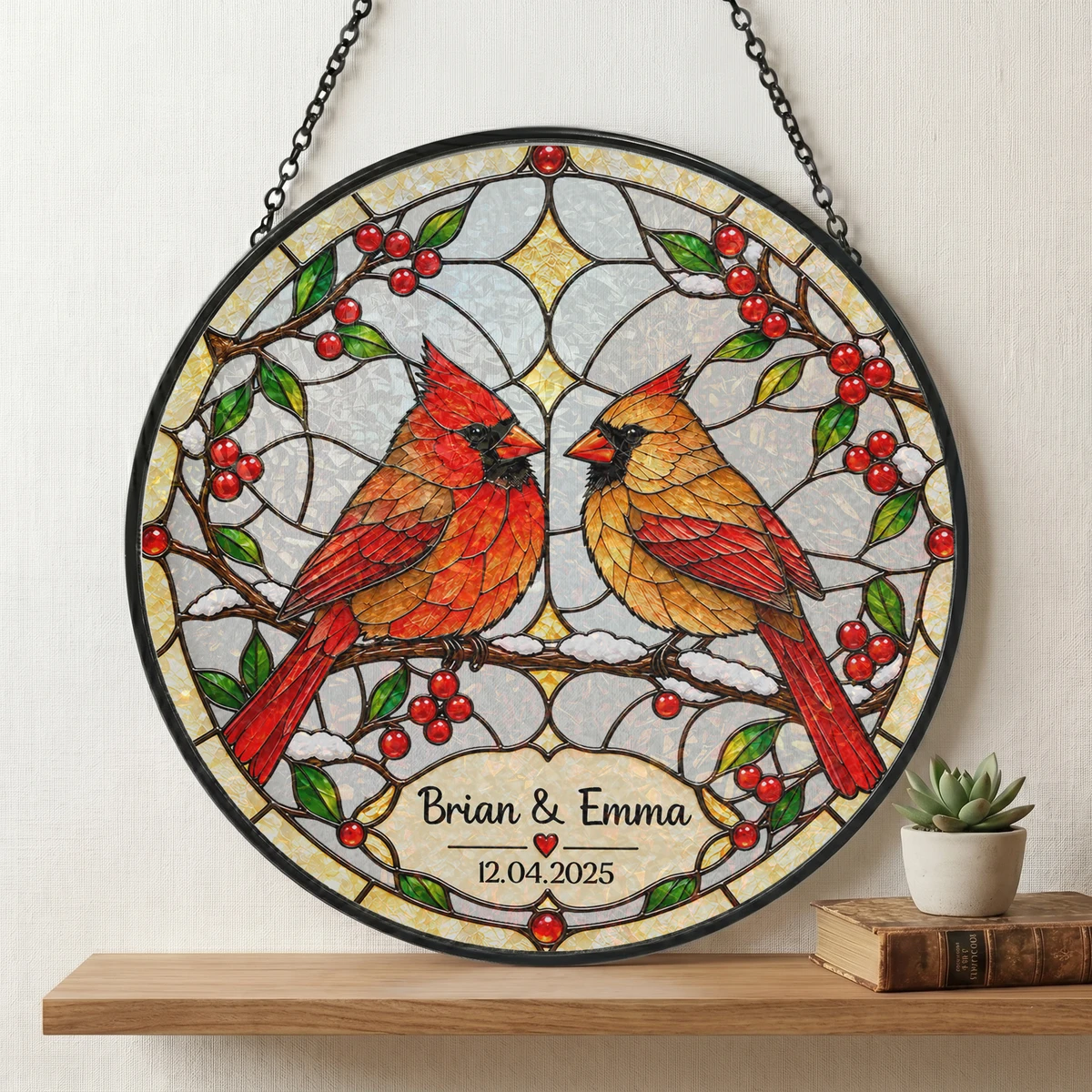 Personalized Stained Glass Cardinal Suncatcher, Custom Couple Names and Special Date