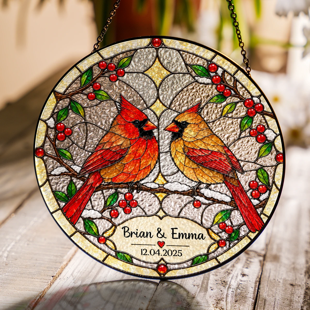 Personalized Stained Glass Cardinal Suncatcher, Custom Couple Names and Special Date