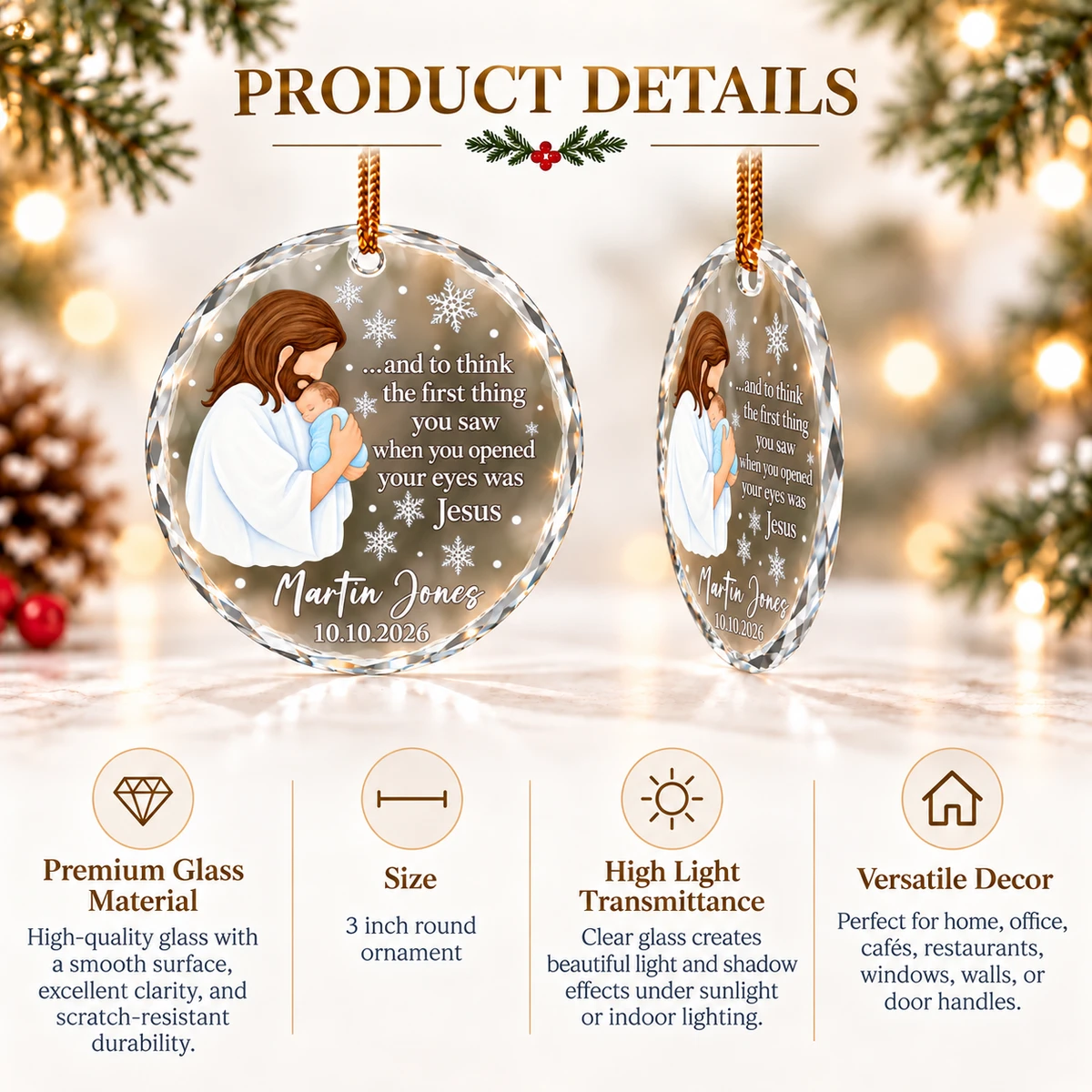 Baby's First Christmas in Heaven Glass Ornament, Personalized Baby Name and Date, Religious Memorial Keepsake
