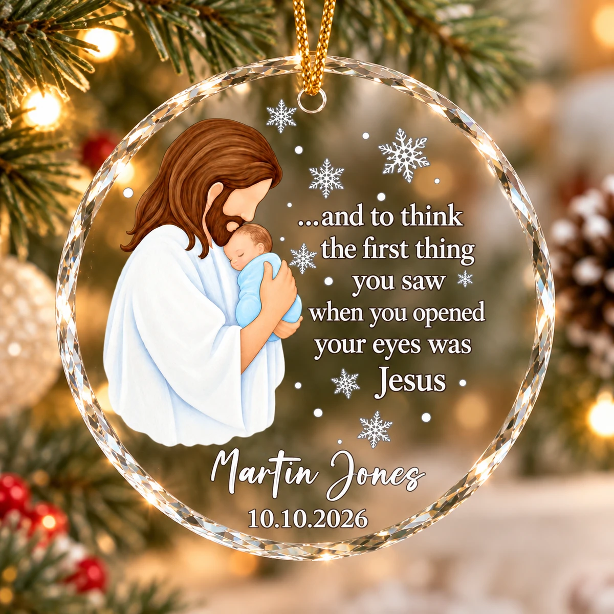 Baby's First Christmas in Heaven Glass Ornament, Personalized Baby Name and Date, Religious Memorial Keepsake