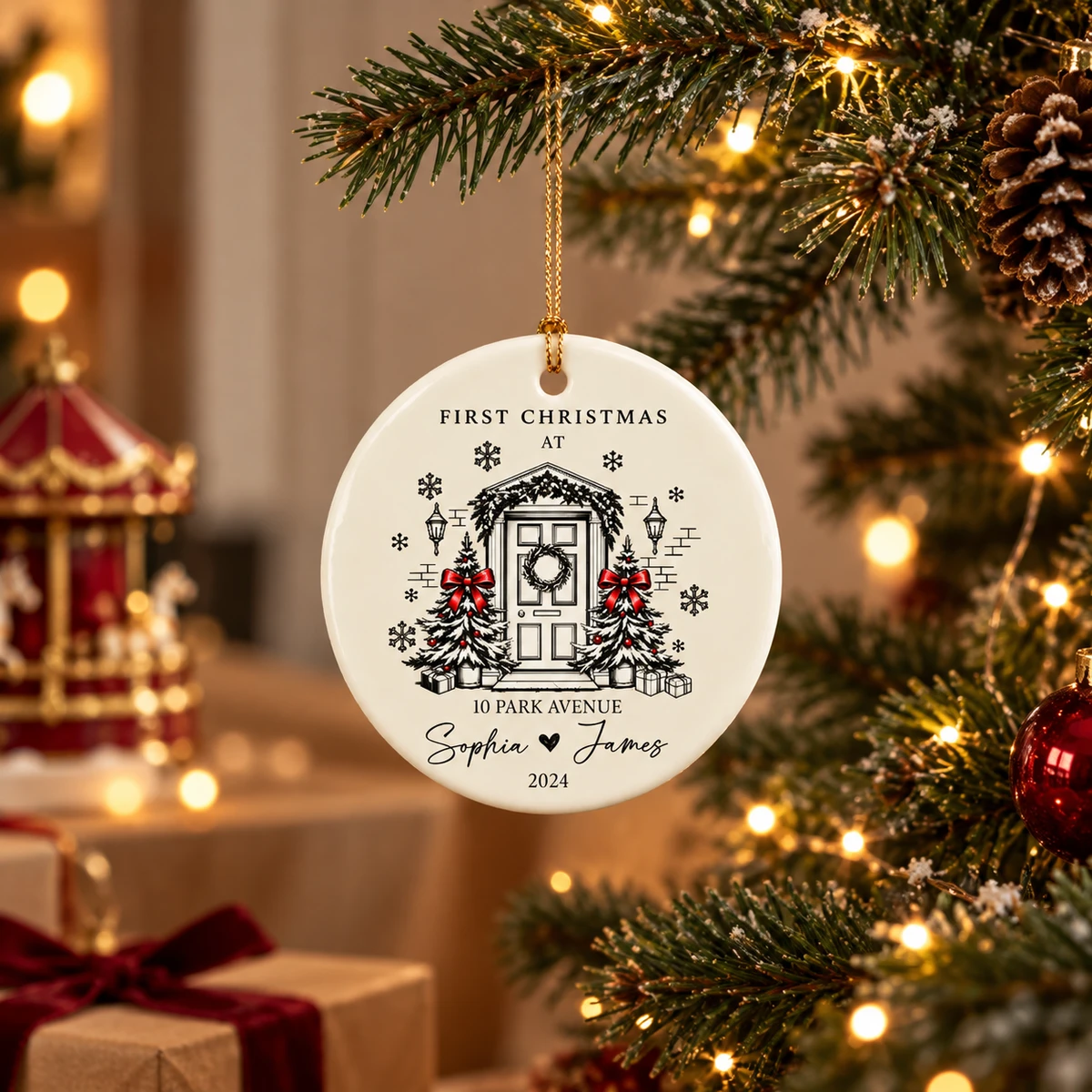 Our First Christmas Here Personalized Ornament, Custom Names & Year, New Home Keepsake, Couple Christmas Gift