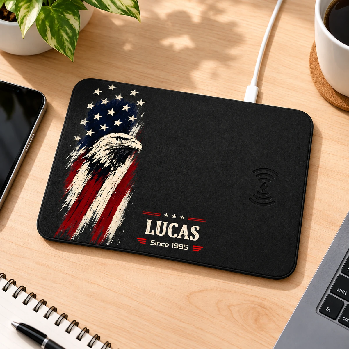 American Eagle Flag Custom Name & Year - Personalized Wireless Charging Mouse Pad