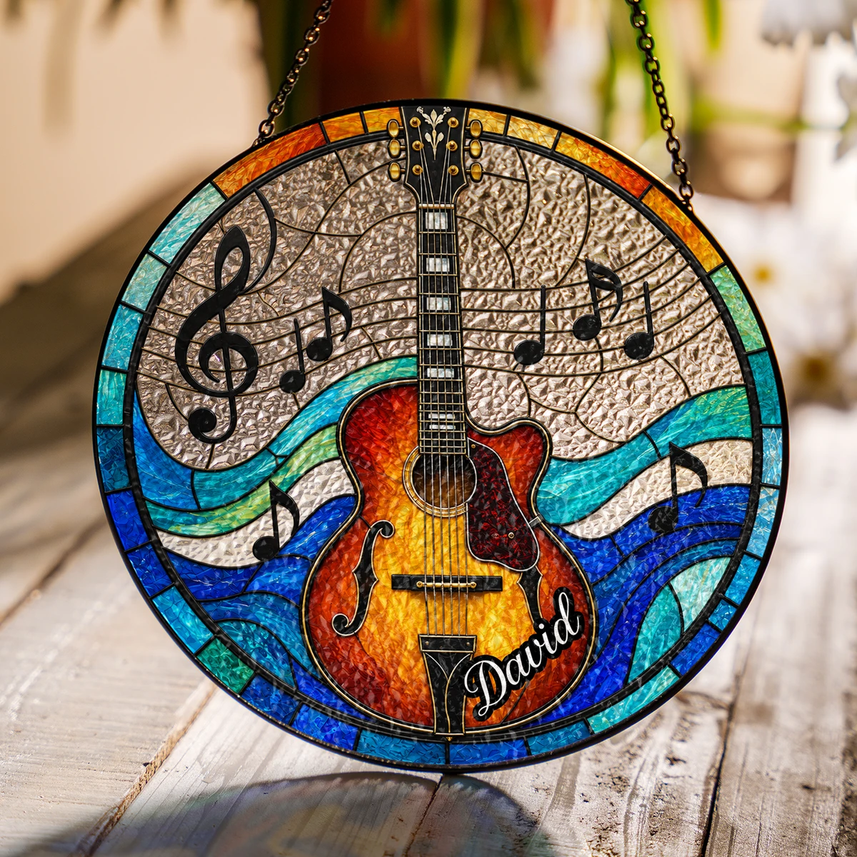Personalized Guitar Stained Glass Suncatcher – Custom Name Music Window Hanging Ornament, Guitar Lover Gift, Musician Gift
