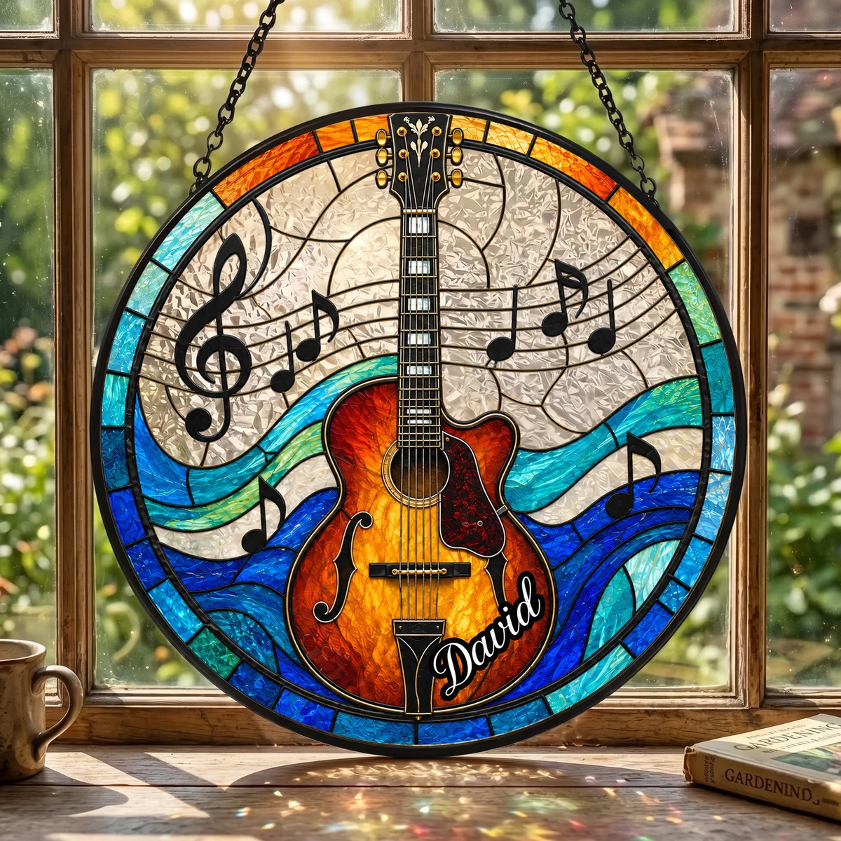 Personalized Guitar Stained Glass Suncatcher – Custom Name Music Window Hanging Ornament, Guitar Lover Gift, Musician Gift