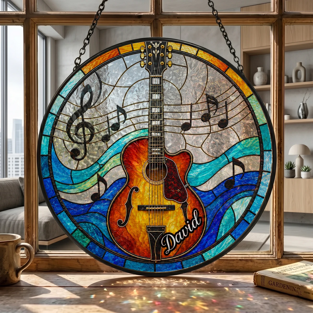 Personalized Guitar Stained Glass Suncatcher – Custom Name Music Window Hanging Ornament, Guitar Lover Gift, Musician Gift