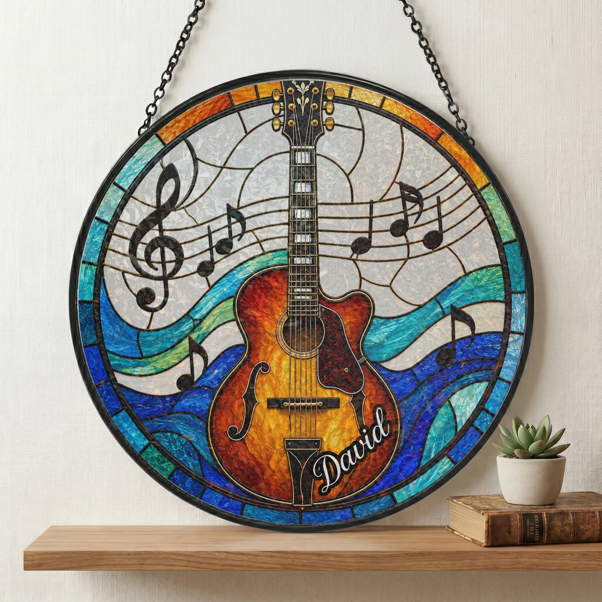Personalized Guitar Stained Glass Suncatcher – Custom Name Music Window Hanging Ornament, Guitar Lover Gift, Musician Gift