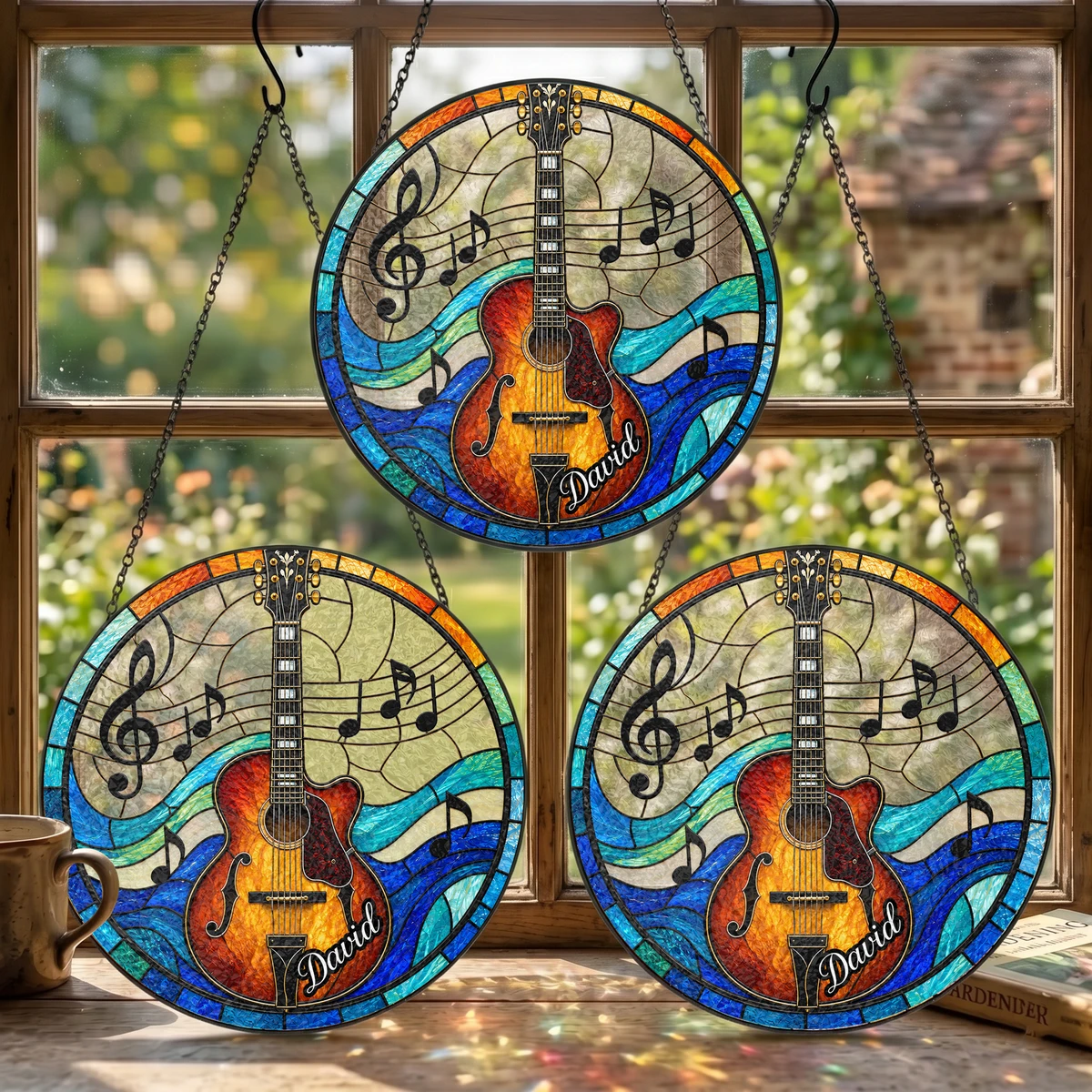 Personalized Guitar Stained Glass Suncatcher – Custom Name Music Window Hanging Ornament, Guitar Lover Gift, Musician Gift