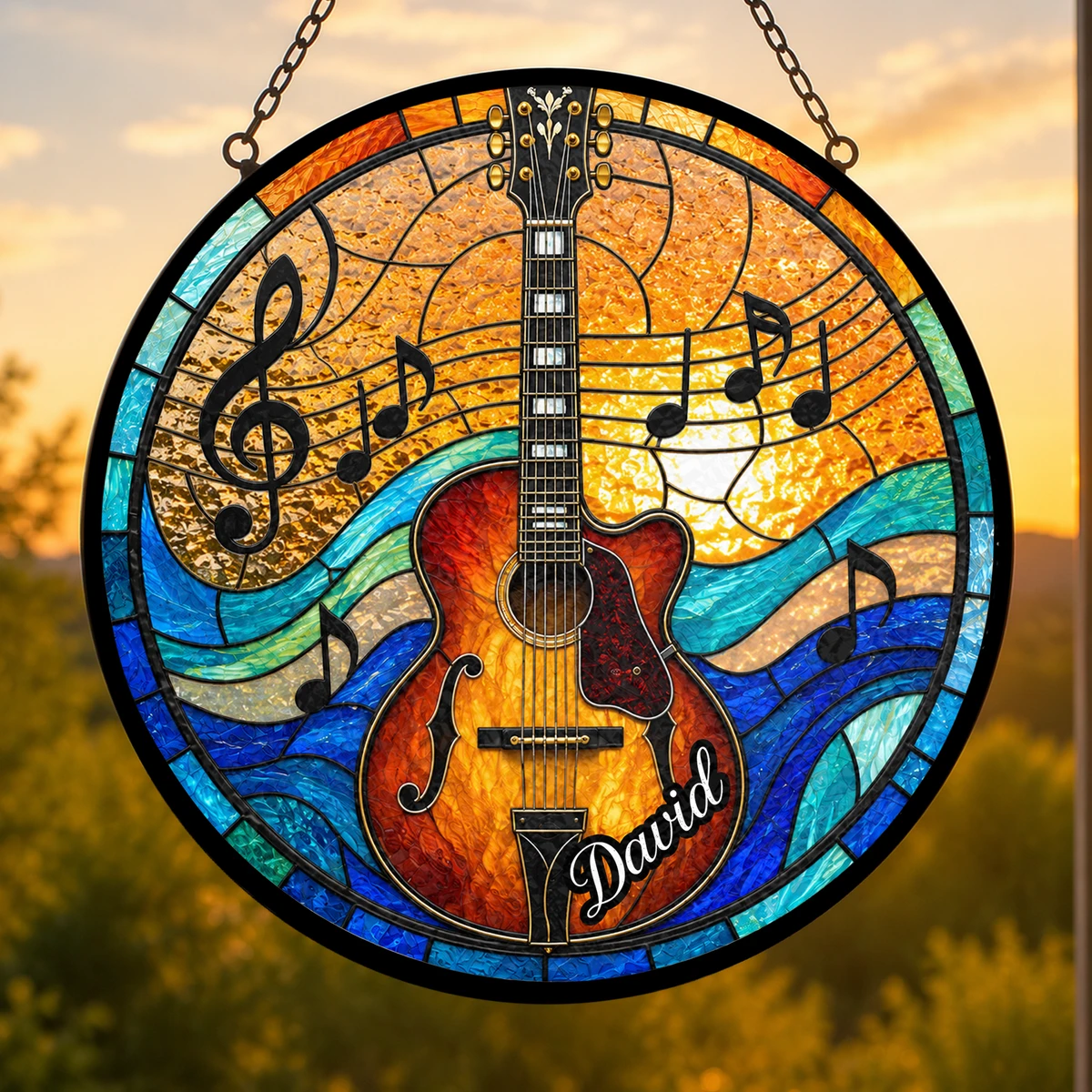 Personalized Guitar Stained Glass Suncatcher – Custom Name Music Window Hanging Ornament, Guitar Lover Gift, Musician Gift