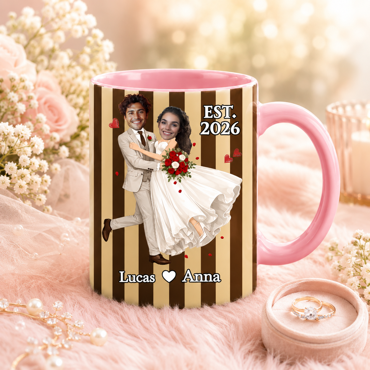 Custom Face Wedding Couple Striped Mug – Personalized 11oz/15oz Newlywed Coffee Cup with Names & Date, Unique Wedding Gift