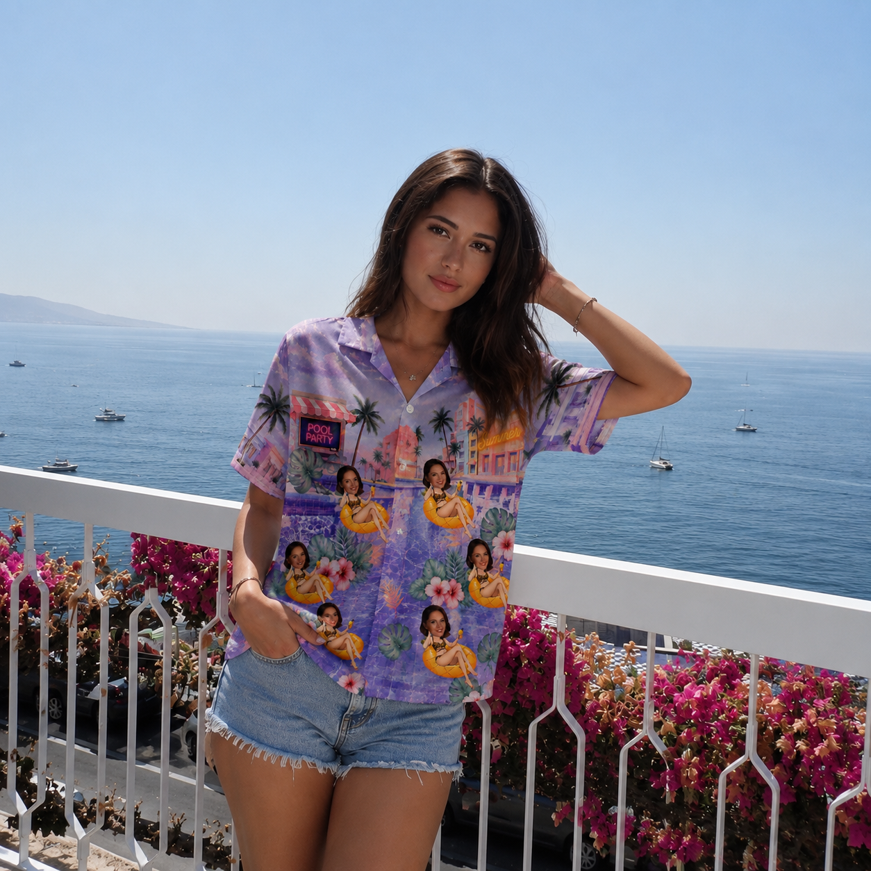 Custom Photo Aloha Shirt, Personalized Summer Hawaiian Shirt, Tropical Pool Scene Shirt