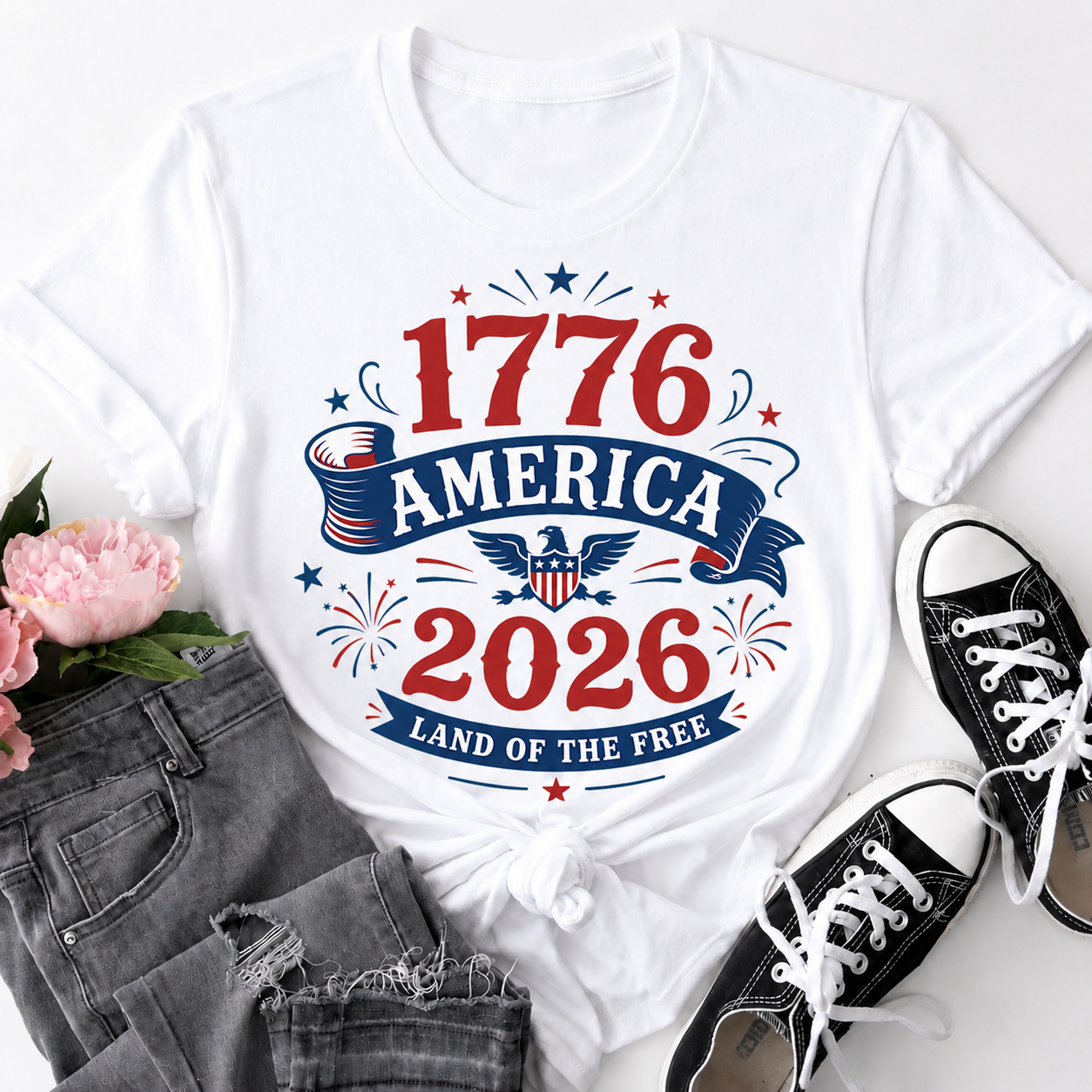 Patriotic America 1776-2026 Land of the Free T-Shirt, 250 Year Independence Day Celebration Tee