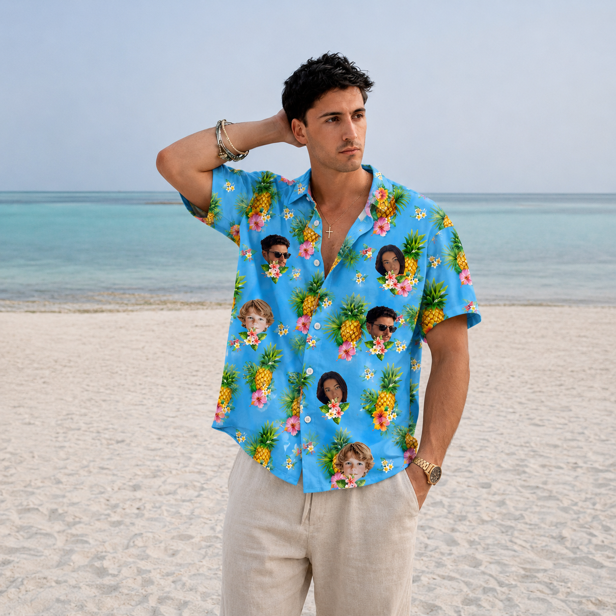Custom Family Name Hawaiian Shirt with Face Photo, Tropical Aloha Family Matching Outfit