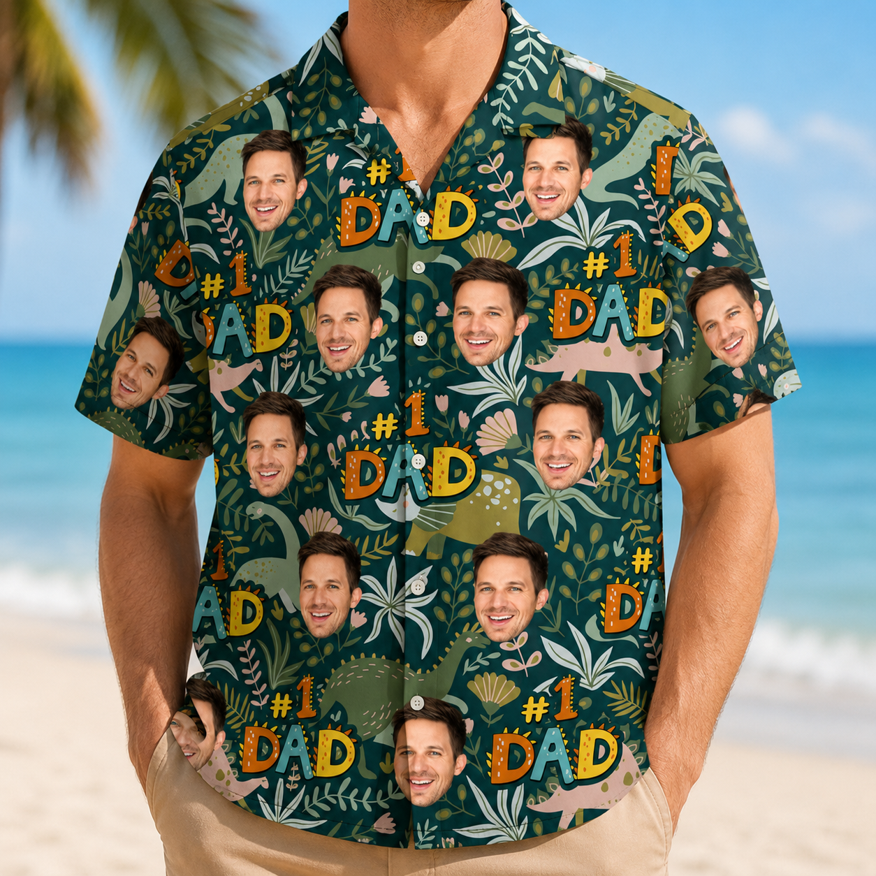 Hawaiian Shirt Custom Photo Dad Dino #1 Personalized Vacation Gift