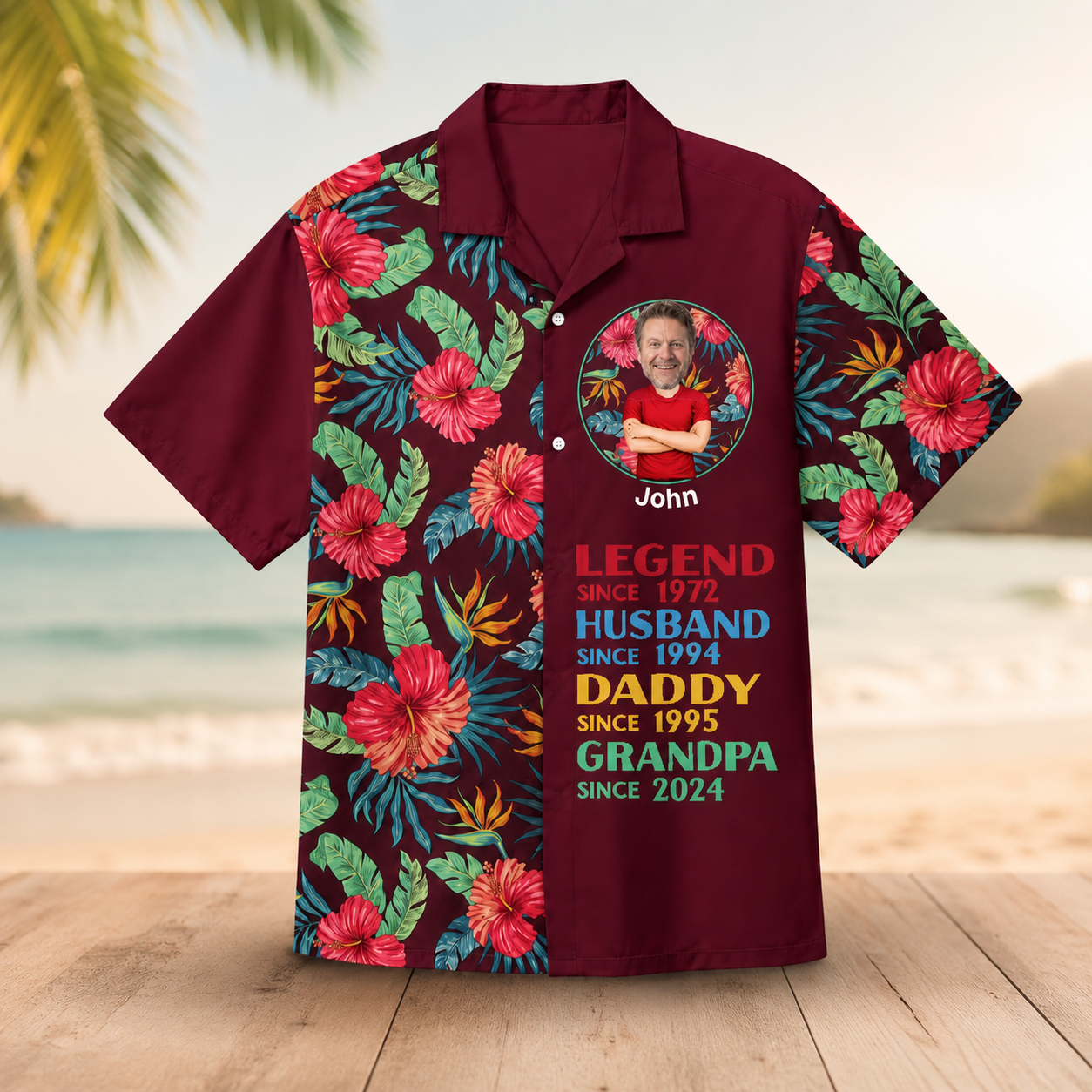 Custom Face Photo Hawaiian Shirt for Men, Personalized Name and Important Dates, Tropical Father's Day Shirt