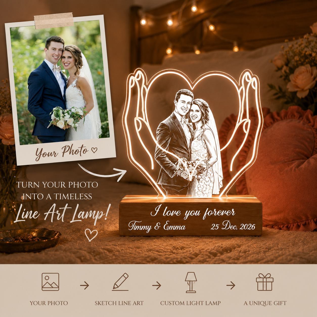 Custom Line Art Wedding Couple Photo LED Acrylic Night Light Personalized Lamp