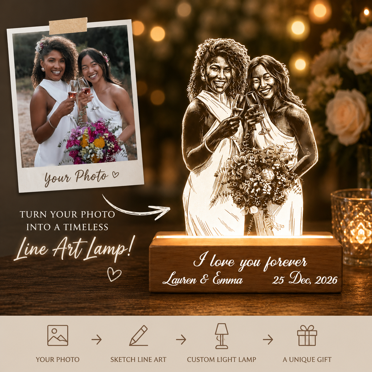 Custom Line Art Lesbian Wedding Photo LED Acrylic Night Light Personalized Lamp