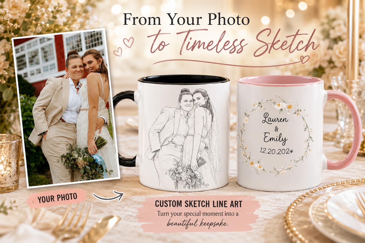 Personalized Custom Name Mug Set of 2, Custom Wedding Day Mug For Couple, Just Married Mug, Two Brides Cups 11oz 15oz