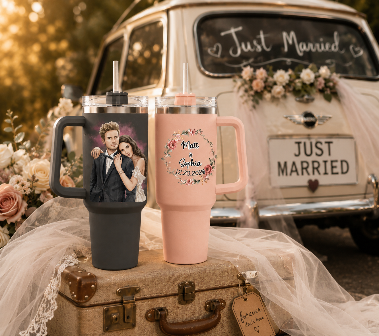 Personalized Couple Custom Name Tumbler Set of 2, Custom Wedding Day 40oz Tumblers, Bride and Groom Travel Tumblers