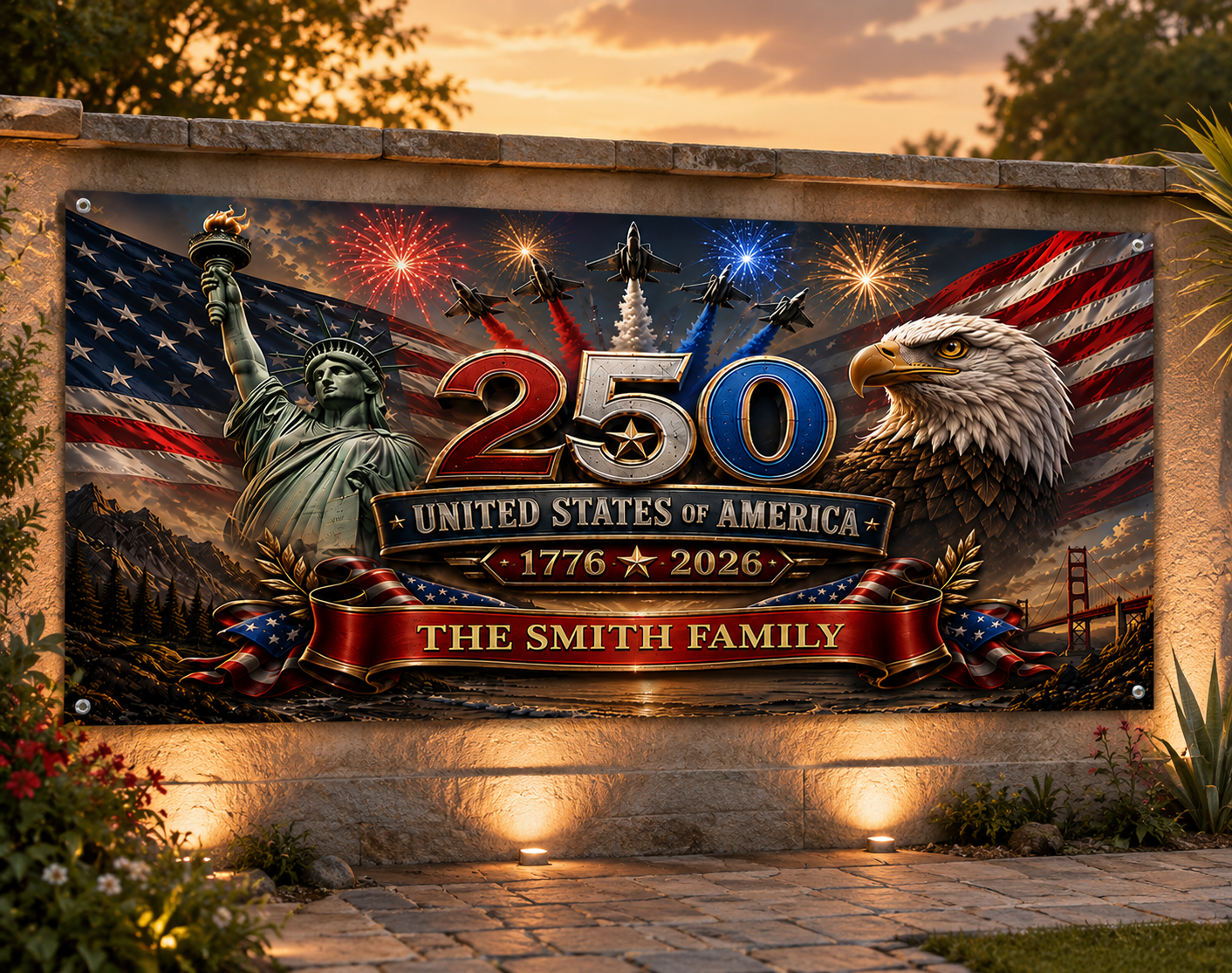 Custom Polyester Outdoor Banner - Personalized America 250th Anniversary Gifts For Mom, Dad, Brother, Sister, Kids - Strong As One