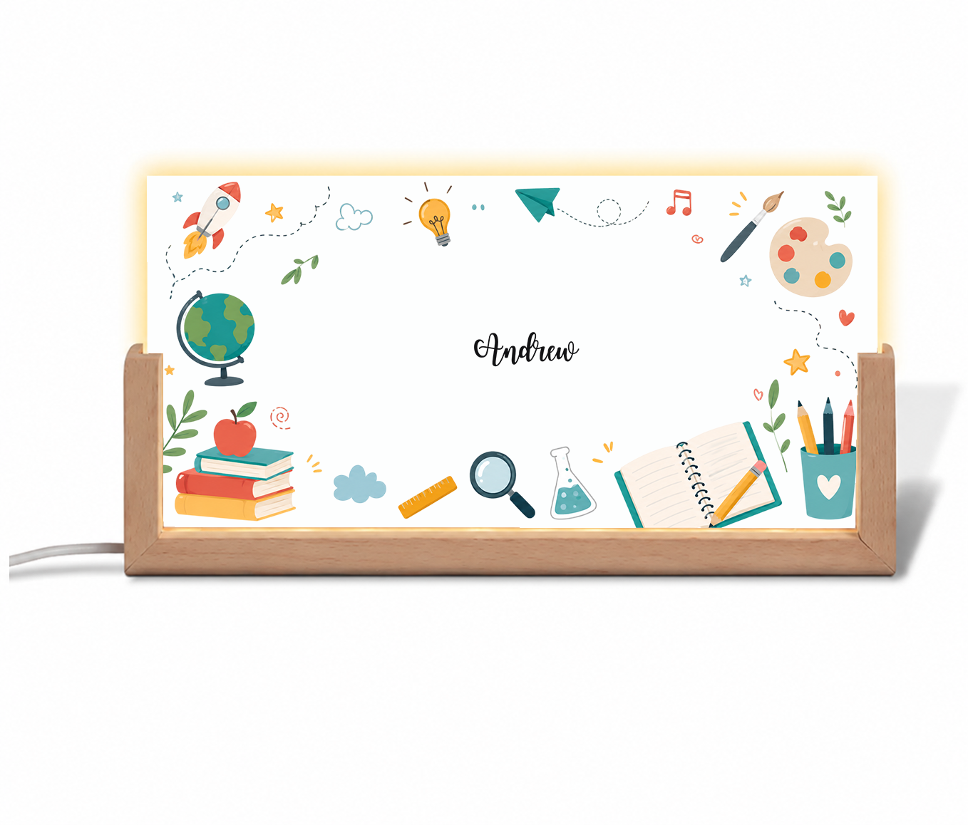 Name Desk Plate For Teacher - Personalized Acrylic Led Light With Wooden Base - Custom Gift For Teachers & Educators