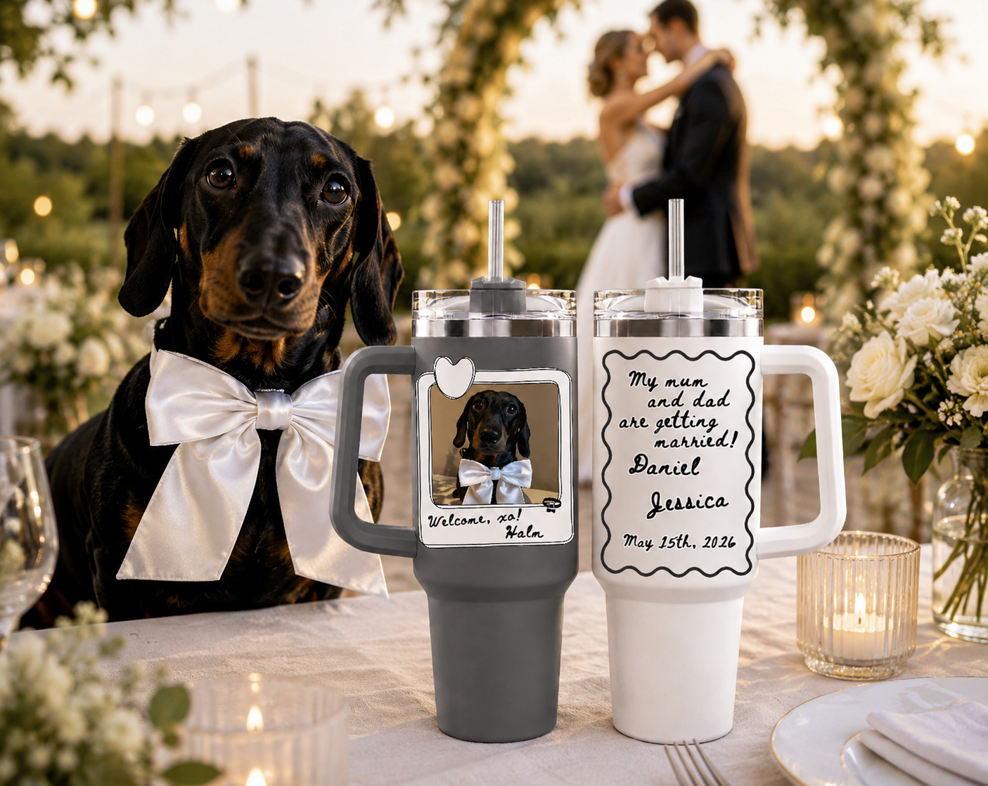 Personalized Set of 2 Dog Wedding 40oz Tumblers, Custom Pet Photo Travel Mugs, Engagement Gift