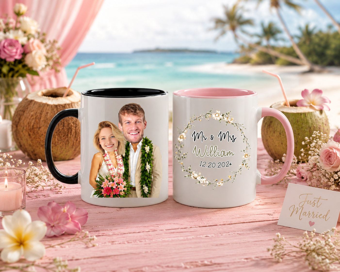 Personalized Mr & Mrs Hawaii Wedding Mug Set, Custom Face Tropical Beach Bride & Groom Coffee Cups 11oz 15oz