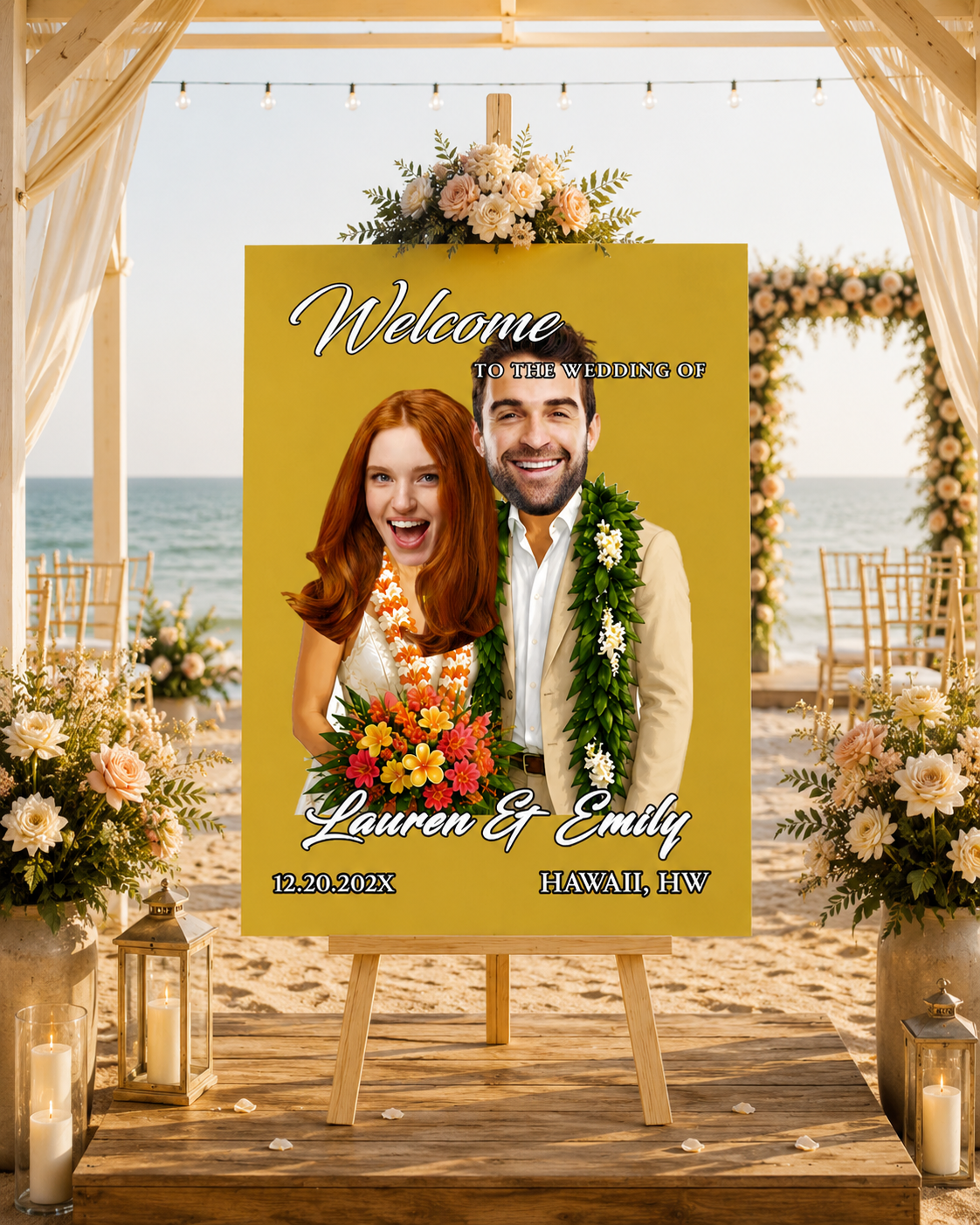 Personalized Hawaii Beach Wedding Welcome Board, Custom Face Tropical Couple Sign, Summer Destination Wedding Decor