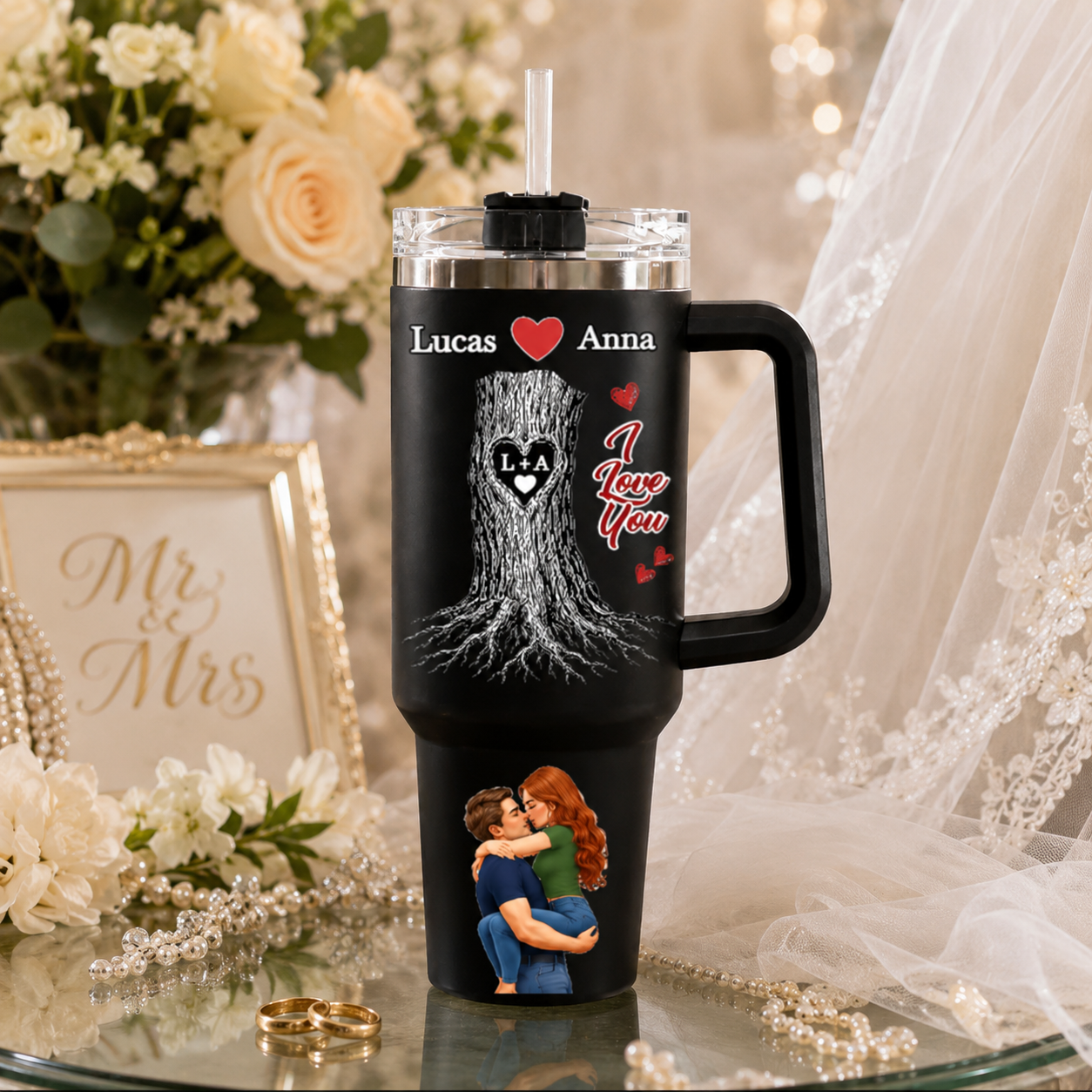 "Rooted in Love" Personalized 40oz Tumbler with Handle – Custom Names & Heart-Carved Tree Design, Romantic Anniversary & Wedding Keepsake