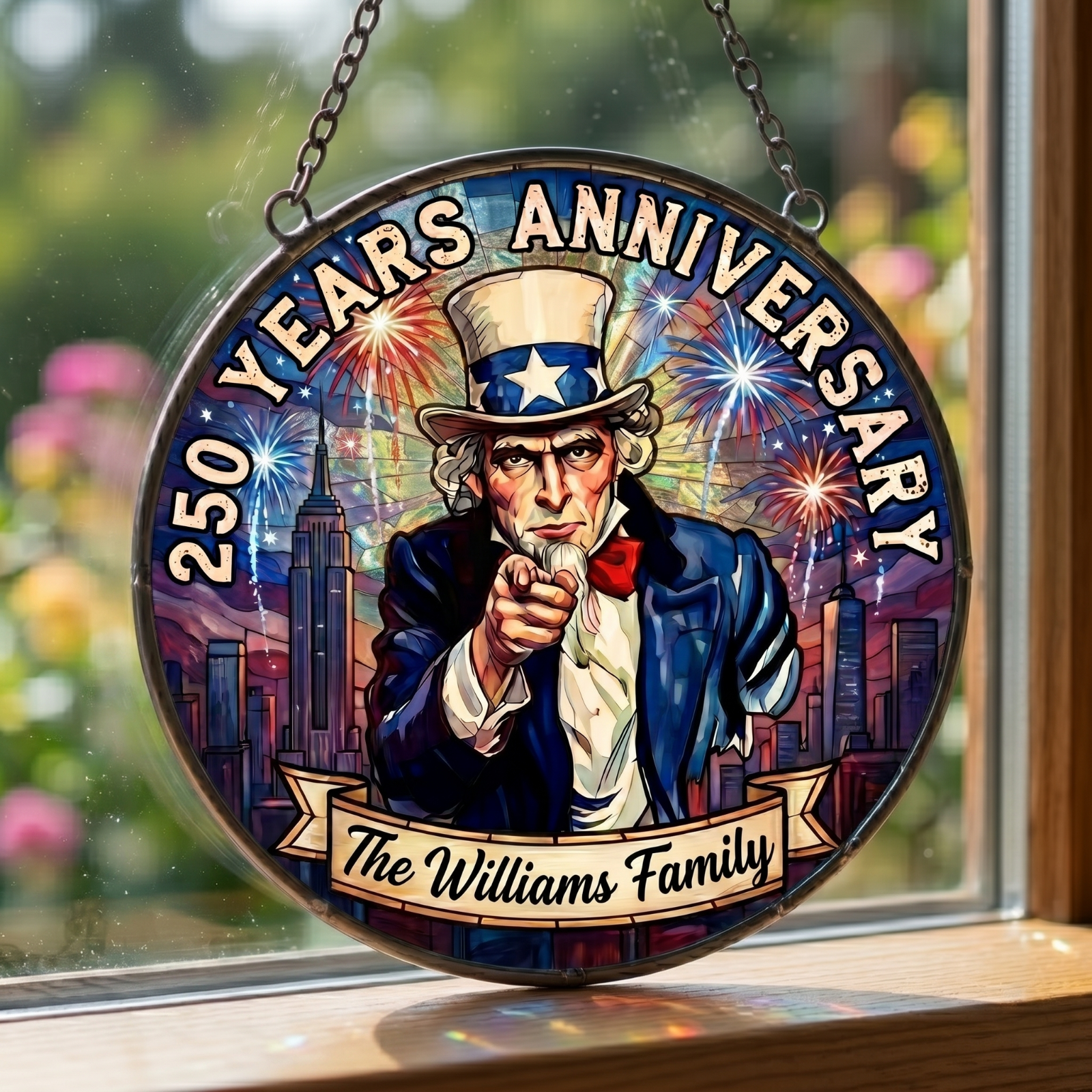 Custom 250th Uncle Sam Patriotic USA Stained Glass Suncatcher