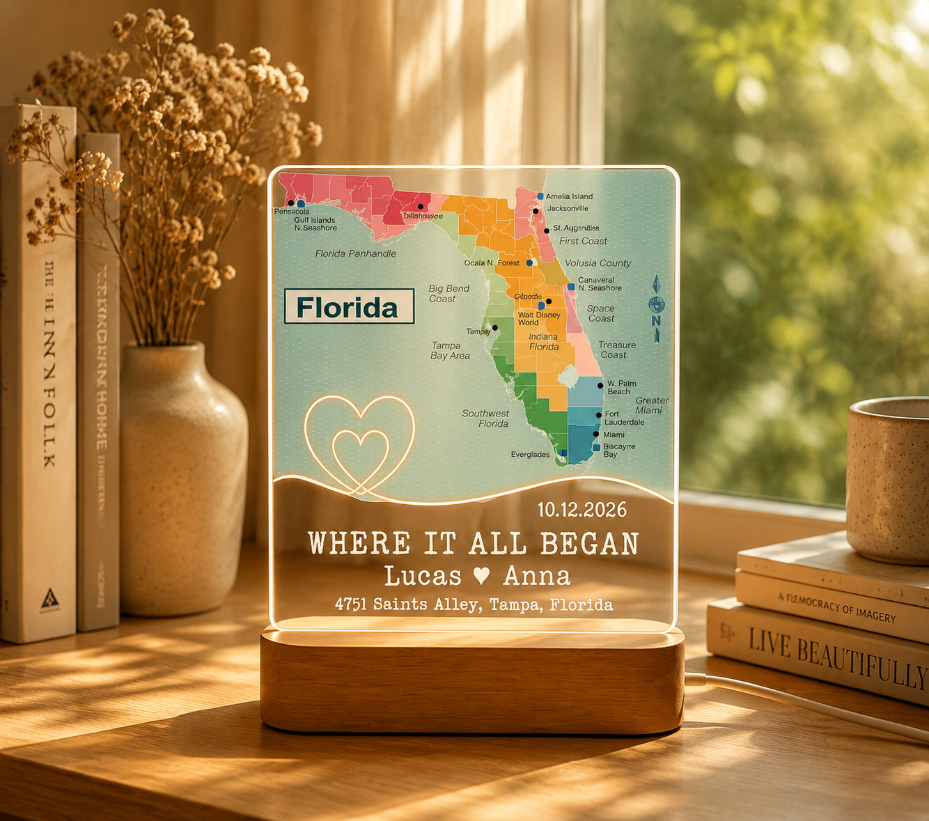 Personalized Wedding Love Marriage Map Night Light, Custom Acrylic Plaque for Wedding Couple, Long Love Distance Anniversary LED Lamp Gift