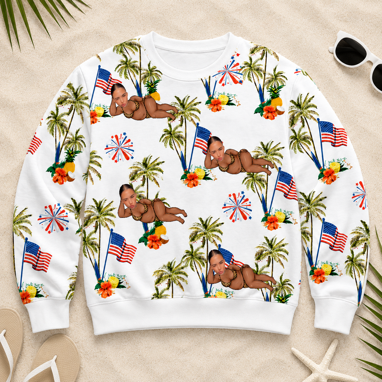 Custom Face Sweatshirt, Funny USA Flag Tropical Vacation Graphic Sweatshirt, Personalized Holiday Gift