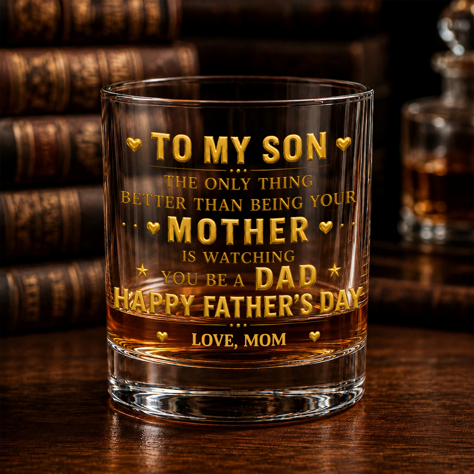 To My Son Mother to Dad Hearts, Personalized Whiskey Glass, Gift for Son