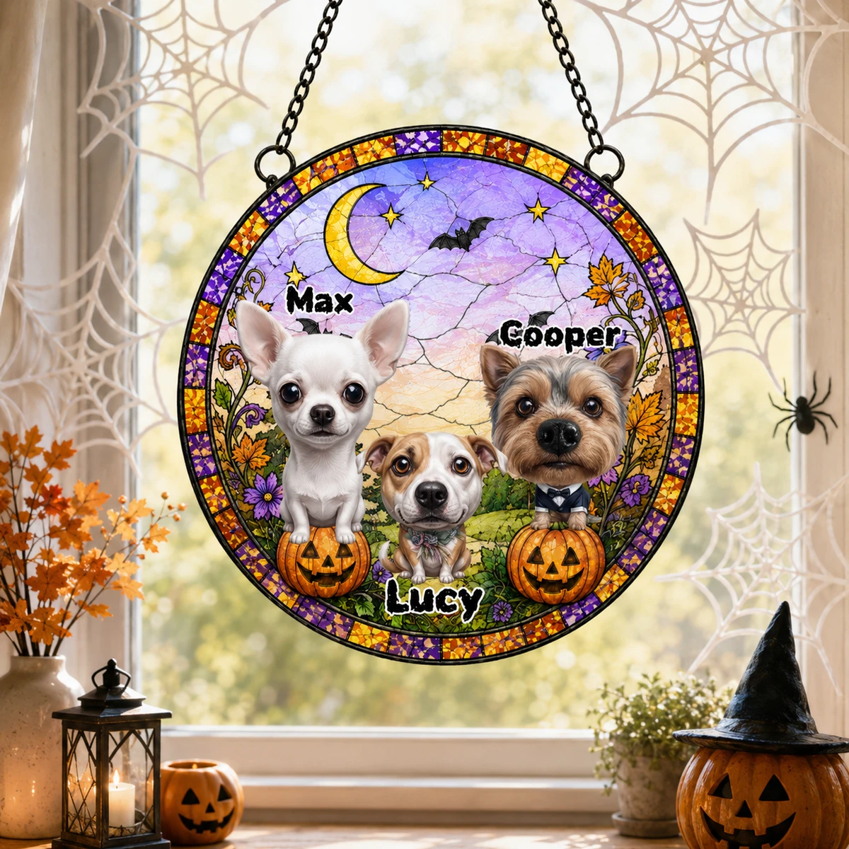 Fall Stained Glass Suncatcher Personalized Halloween Pet Window Hanging, Funny Pets Suncatcher, Halloween Suncatcher, Halloween Gift