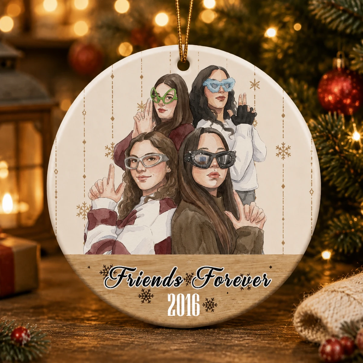 Personalized Ceramic Christmas Ornament Round Shape Custom Photo Best Friends Forever Watercolor Portrait Christmas Gift