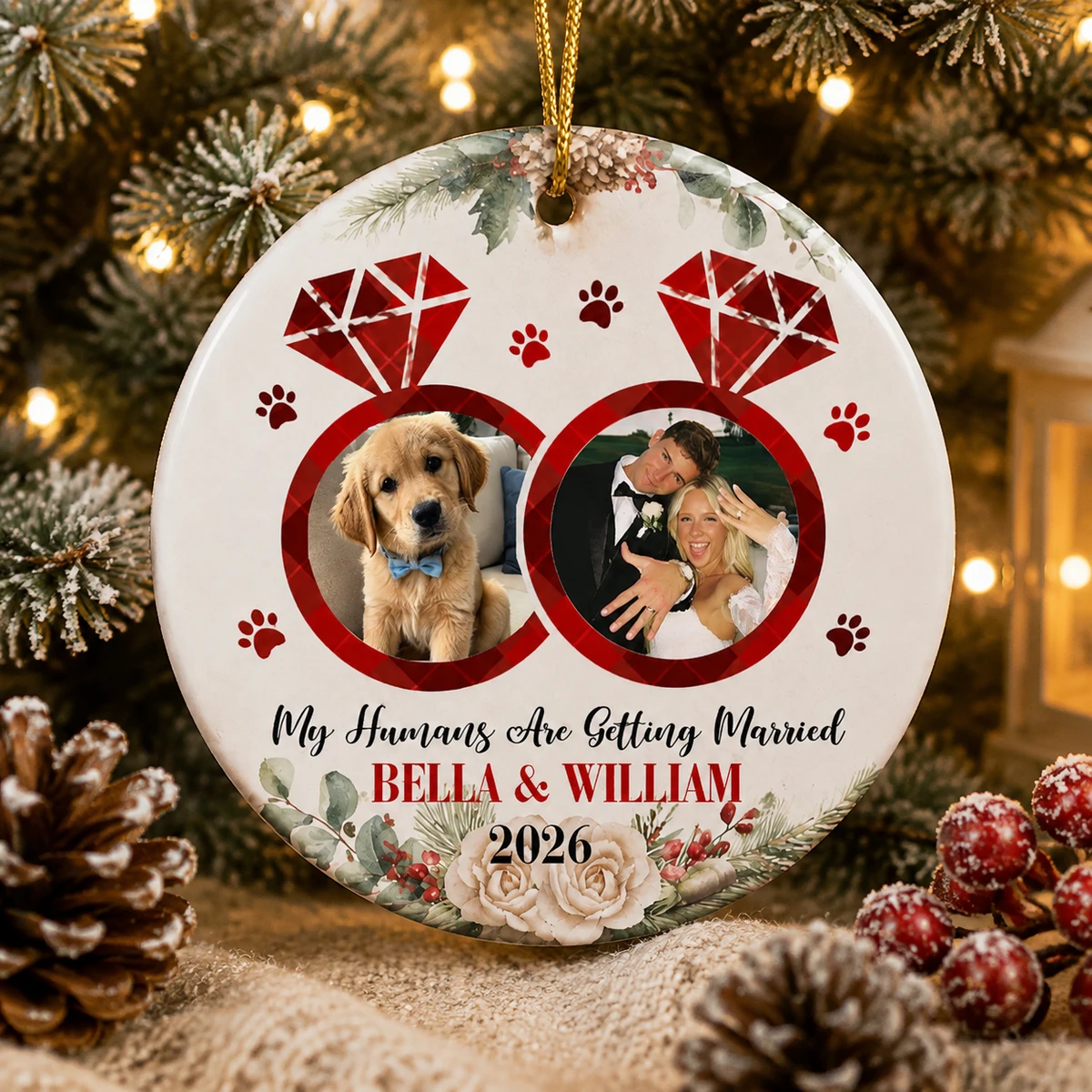 Personalized Ceramic Christmas Ornament Round Shape Custom Photo Couple Pet Wedding Paw Print Christmas Gift
