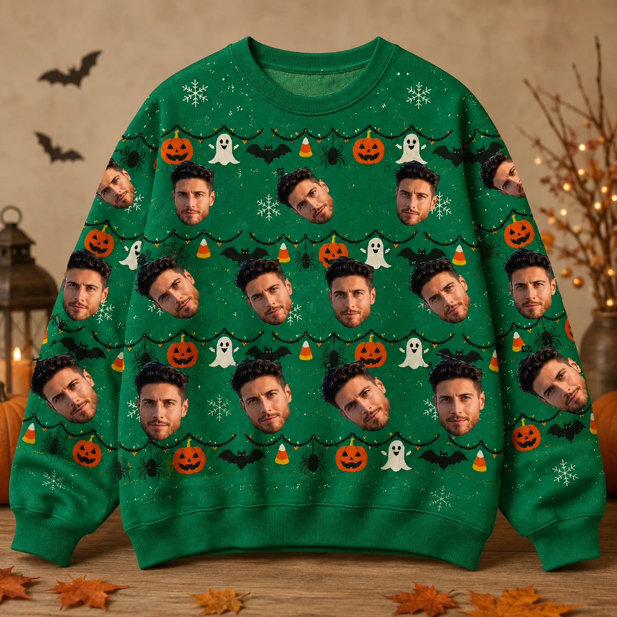 Custom Face Halloween Pullover Sweatshirt Pumpkin Ghost Bat Sweater