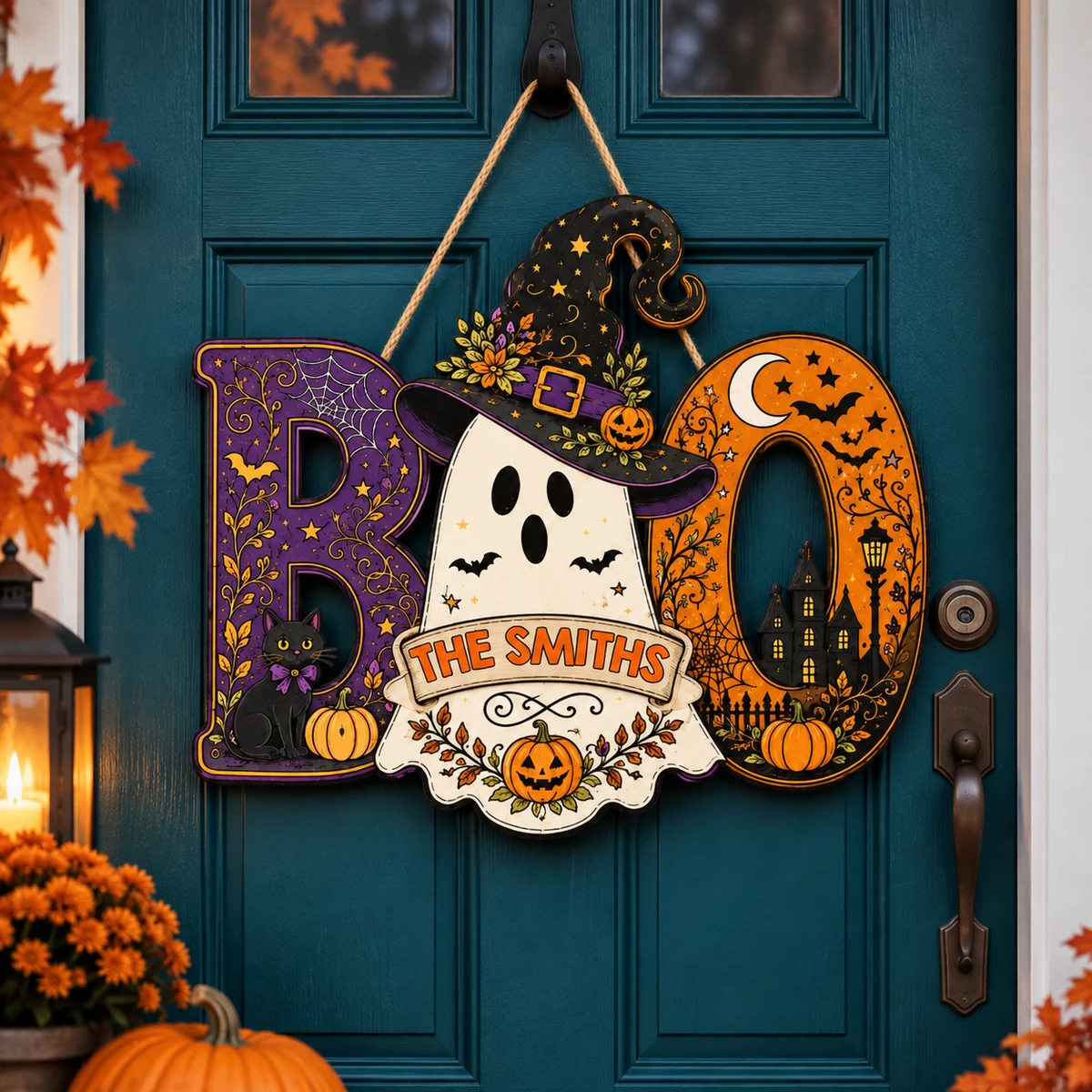 Personalized Halloween Door Sign Custom Family Name, BOO Ghost Witch Decor, Black Cat Pumpkin Front Door Hanging Sign, Spooky Home Decoration Gift