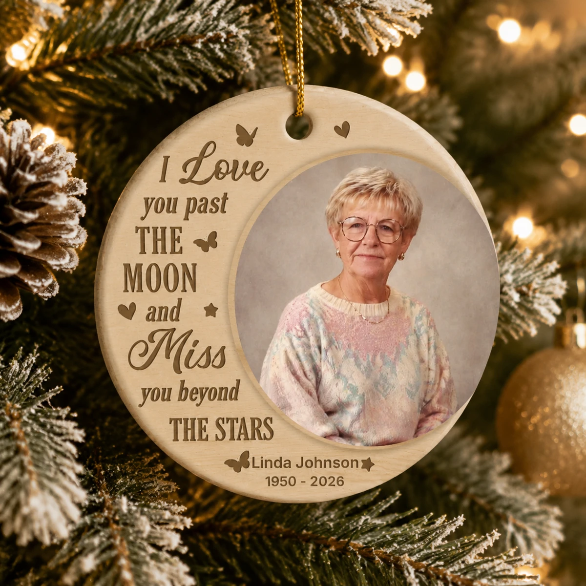 Personalized Ceramic Christmas Ornament Round Shape Custom Photo Memorial Name Butterfly In Loving Memory Christmas Gift