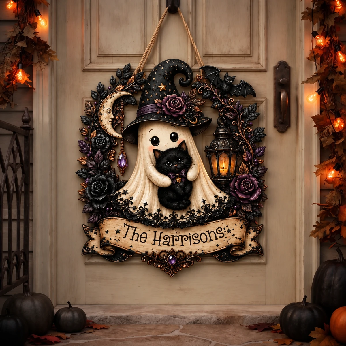 Personalized Halloween Door Sign Custom Name Family Name, Witch Ghost Black Cat Decor, Moon Rose Lantern Hanging Sign, Spooky Front Door Halloween Gift